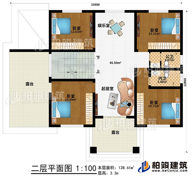 二层：4卧室，内卫，公卫，起居室，楼梯，棋牌室，2露台