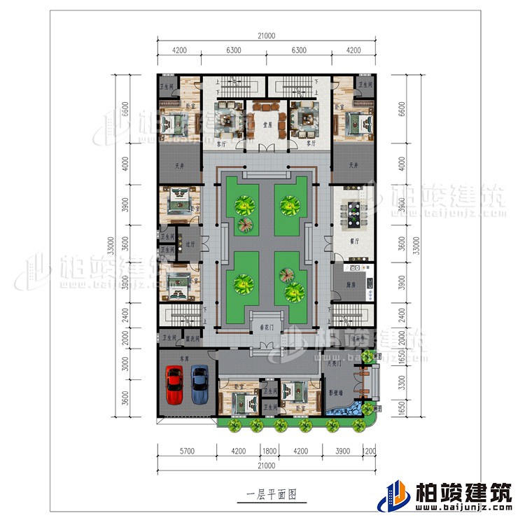 一层：月亮门、影壁墙、6卧室、车库、6内卫、公卫、储藏室、厨房、餐厅、过厅、2天井2客厅、堂屋、垂花门